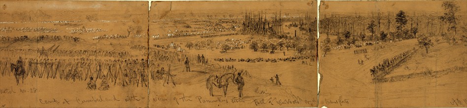 Camp at Cumberland with a view of the Pamunkey River full of gunboats and transports, drawing,