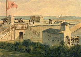 Fort Moultrie, Charleston Harbor, drawing, 1862-1865, by Alfred R Waud, 1828-1891, an american