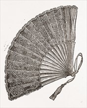 FAN OF IVORY AND REAL LACE, NEEDLEWORK, 19th CENTURY EMBROIDERY