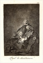 Francisco de Goya (Spanish, 1746-1828). Â¡Qual la descaÃ±onan! (How they pluck her!), 1796-1797.