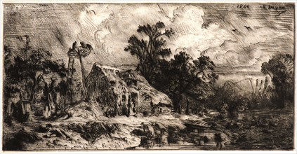 Charles Ãâmile Jacque (French, 1813 - 1894). Landscape. Thatched Cottages (Paysage. ChaumiÃ¨res),