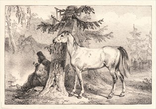 Horace Vernet (French, 1789 - 1863). Cossack and Horse beside a Tree, 19th century. Lithograph.
