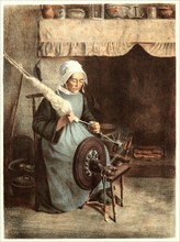 Jeanne Granes (French, active 19th century). L'Aieule (Woman Spinning), 1899. Color lithograph on