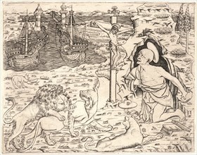 Anonymous (Italian). St. Jerome in Penitence, with Two Ships in a Harbor, ca. 1460- 1480 (restrike