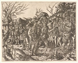 Anonymous (Italian). Death of Virginia, ca. 1500-1510. Engraving on laid paper. Plate: 235 mm x 295