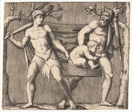 Marcantonio Raimondi (Italian, ca. 1470/1482 - 1527/1534). Two Fauns Carrying a Child, probably