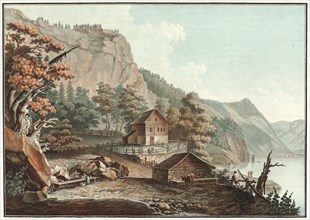 Charles-Melchior Descourtis (French, 1753-1820). House and a Barn by a Swiss Lake, ca. 1776-1786.
