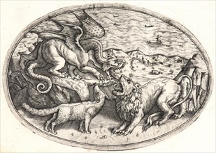 Anonymous (Italian). Lion, Dragon and Fox Quarrelling, ca. 1470-1490. Engraving on laid paper;