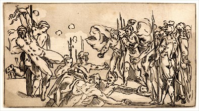 Anonymous (French). Stoning of Two Figures Tied to a Stake, 18th century. Etching and aquatint in