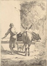 Donkey near a cistern, Jan de Visscher, Nicolaes Pietersz. Berchem, 1643 - 1692