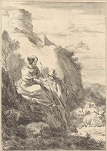 On a hill a shepherdess and a shepherd can be seen, Jan de Visscher, Nicolaes Pietersz. Berchem,