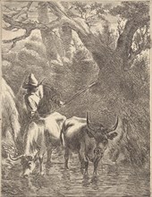 Shepherd drives two oxen by a stream, Jan de Visscher, Nicolaes Pietersz. Berchem, 1643 - 1692