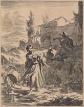 In a hilly landscape is a shepherd playing the flute while a shepherdess lets her goats drink from