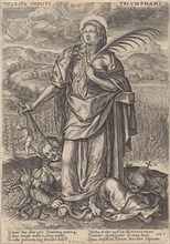 Landscape with Faith, behind her the cross, she holds a palm branch in one hand, in the other hand