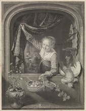 Woman with basket of fruit in her hand at the window, Johannes de Mare, Henricus Wilhelmus