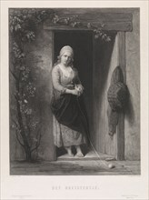 Young woman with knitting, Johann Wilhelm Kaiser (I), Kemink & Zoon, J.F. Brugman, 1823 - 1900