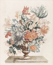 Stone vase with flowers on a platter, Anonymous, Jean Baptiste Monnoyer, Johan Teyler, 1688 - 1698