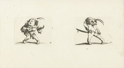 Dwarf with guitar; Dwarf with sword and mask, Jacques Callot, Abraham Bosse, 1621 - 1676