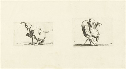 Dwarf with sling, stool and sword; Dwarf with walking stick, Jacques Callot, Abraham Bosse, 1621 -