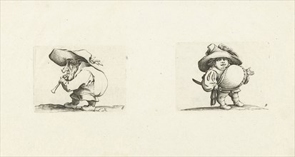 Dwarf with flute (flageolet); Dwarf with sword, a row of buttons on the belly, Jacques Callot,