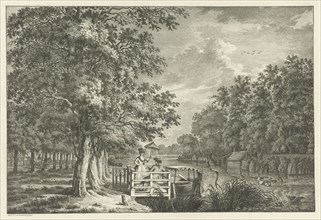 Landscape with a couple on the bank of the river Gein, The Netherlands, print maker: Jan Evert