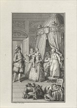 Three richly dressed figures enter a room. Lovers caught by surprise. print maker: Jacob Folkema