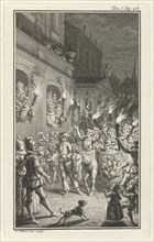 Torchlight procession through a city, print maker: Jacob Folkema, 1702 - 1767