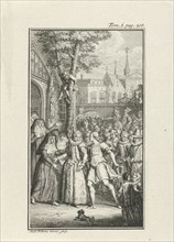 Richly dressed woman surrounded by a crowd of curious people, Jacob Folkema, 1702 - 1767