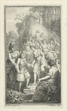 Playwright Paul Scarron visits Apollo and the Muses, Jacob Folkema, 1703 - 1767