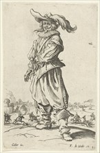 Horseman with plumed hat, seen from the front, Jacques Callot, print maker: Anonymous, Frederik de