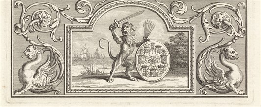 The Dutch lion holding a sword and quiver of arrows near a shield bearing the arms of the Seven