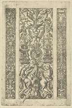 Candelabrum with vines, a candelabrum with grotesques, a rearing horse, print maker: Lambert Hopfer