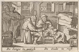 Old men warm their hands over a fire, Pieter Hendricksz. Schut, Claes Jansz. Visscher (II), 1628 -