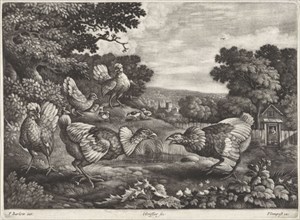 Fighting chickens, Jan Griffier (I), Pierce Tempest, 1667 - 1718