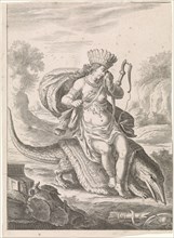 Female personification of America as a woman with headdress of feathers and bows, sitting on a