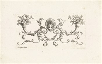 Ornament with a mascaron surrounded by foliate scrolls two horns with plants and flowers, Bernard