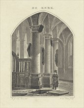 Man at an open grave in a church, print maker: Willem van Senus, Bartholomeus Johannes van Hove,