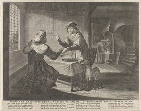 Esau sells his birthright to Jacob, print maker: Anonymous, Claes Jansz. Visscher II, Nicolaes