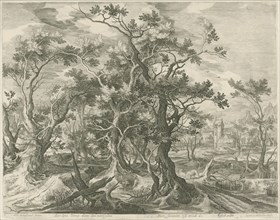Landscape with a prophet torn by a lion from Judah, print maker: Jan van Londerseel, Gillis Claesz.