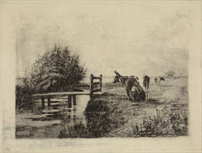 Farmer milking a cow in a pasture, Elias Stark, 1886