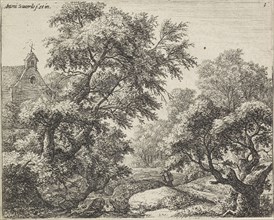 Peddler on a forest path, Anthonie Waterloo, 1630-1663
