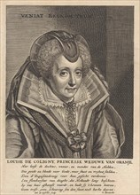 Portrait of Louise de Coligny, Fourth wife of William I of Orange. She wears a high collar, Jan de