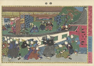 Group of people on the street at the wall of a palace, Japanese print, Izumiya Ichibei Kuniteru