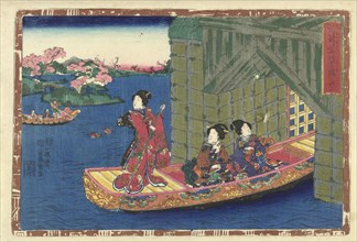 Three women in a rowing boat sailing through tunnel; in the background a second rowing boat and