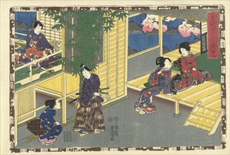Man talking with squatting woman, behind them a flowering tree and water can be seen, Japanese