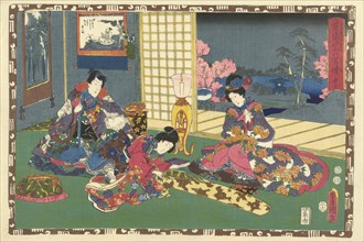 Elegantly dressed man and woman sitting on pillow, looking at woman playing the koto (Japanese