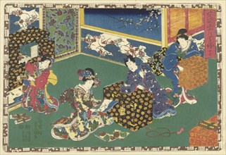 Prince Genji leaning over a low cabinet and looking at a woman with an album in her hands, Japanese