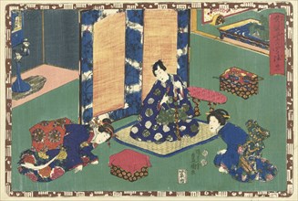 Prince Genji sitting on a rug in a room, Japanese print, Kunisada (I), Utagawa, Kinugasa Fusajiro,