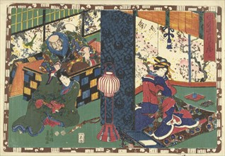 Prince Genji and man in big chest, looking at a woman sitting behind folding screen, Japanese