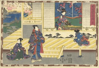 Elegantly dressed man standing on porch, looking at woman sitting in room with koto, Japanese
